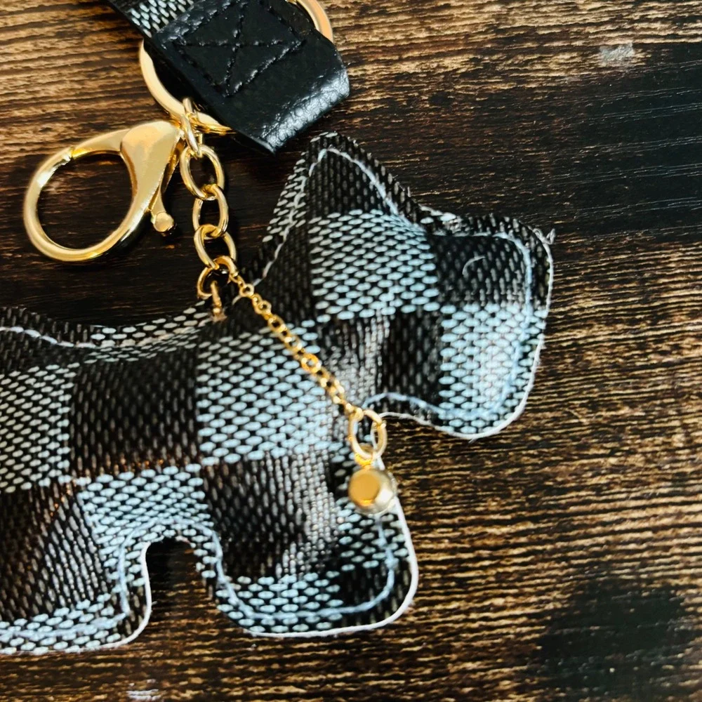 Black Gray Checkered Dog Keychain Wristlet Gold Tone Hardware Bell Charm